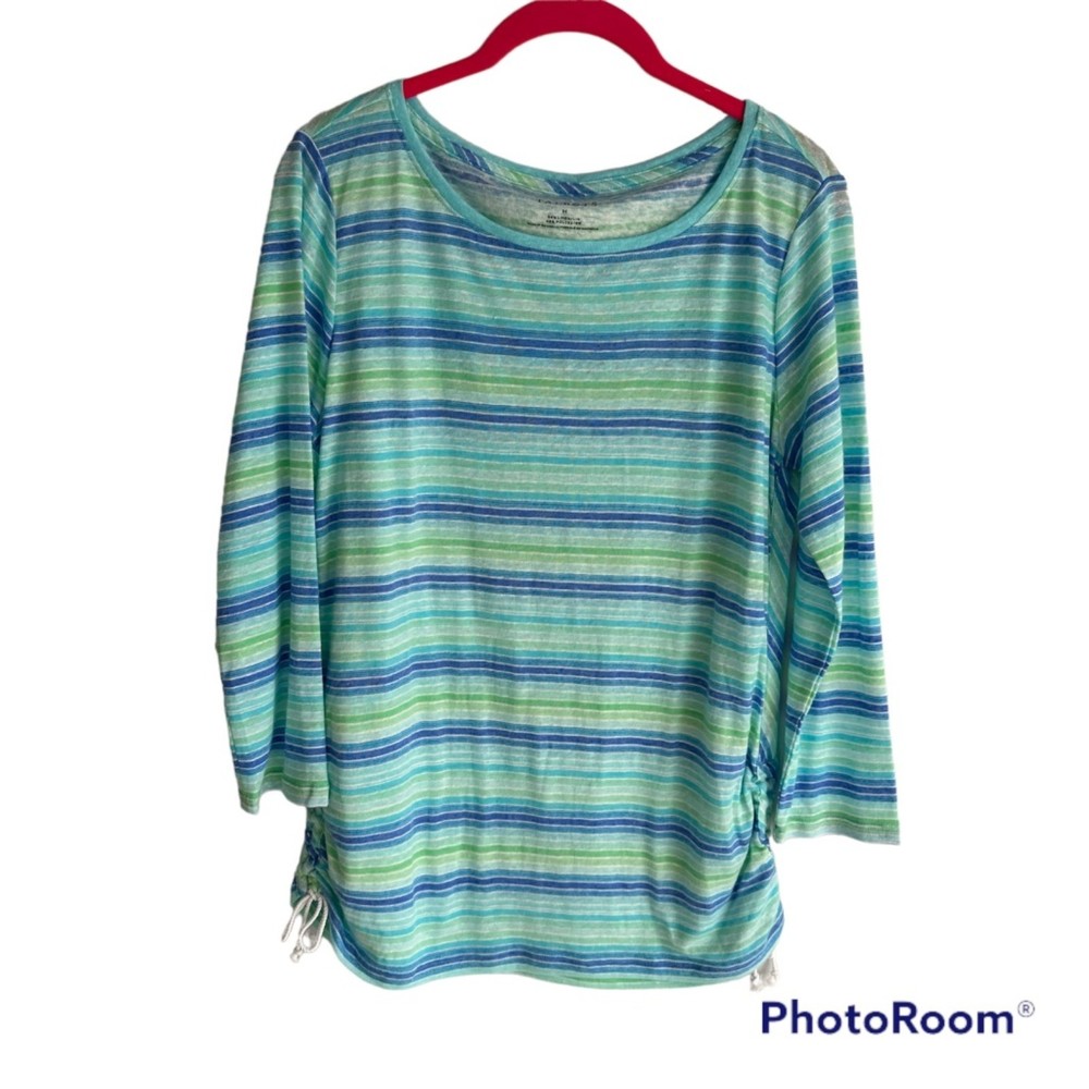 TALBOTS Blues and Green Linen Blend Striped 3/4‎ Sleeve Ladies Casual Top, M